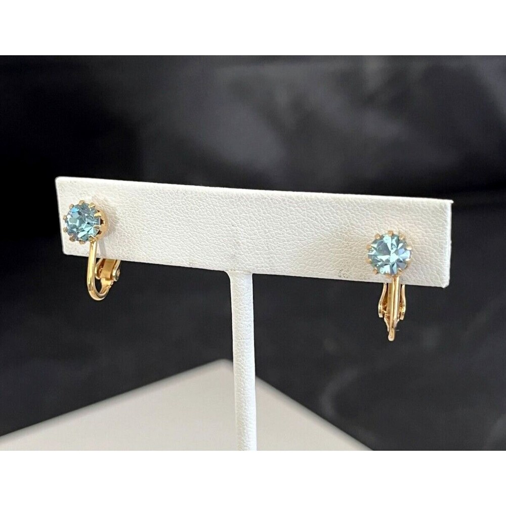 Vintage 1950s Clip On Earrings Blue Crystal Gold Tone Mid Century - 2A